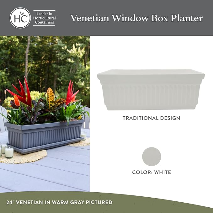 The HC Companies Venetian Window Planter Box w/Drain Plug - Long Planter Box for Windowsills, Balconies & More - Plastic Large Rectangular Outdoor Planters for Herbs & Flowers (24" White, Pack of 1)