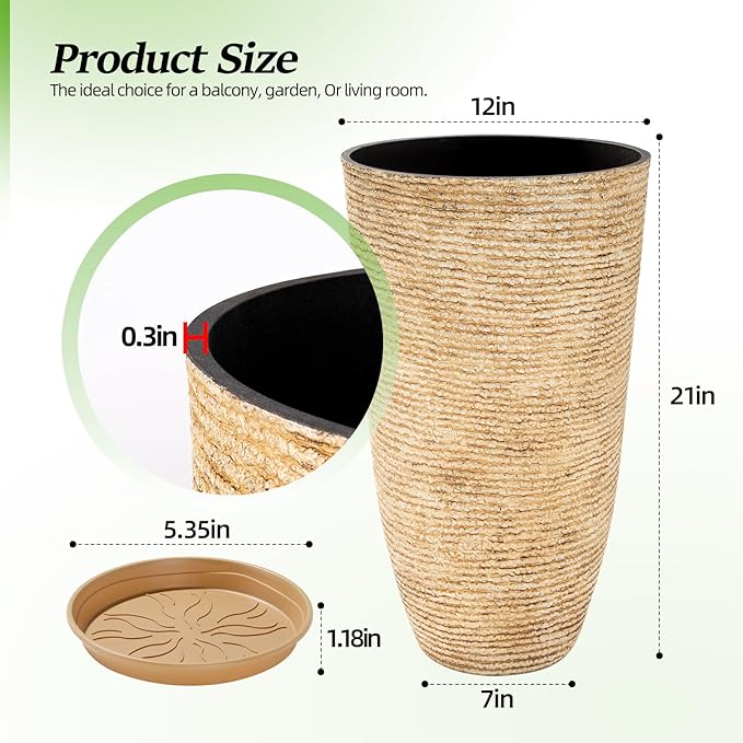QCQHDU Set of 2 9 Gallon Tall Large planters for Outdoor/Indoor Plants of 12" Dia x 21" H Round Flower Pots Set Faux Stone Finish Front Door Patio Square Porch Planters with Tray, Beige