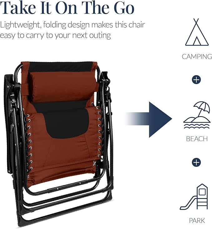 Best Choice Products Oversized Padded Zero Gravity Chair, Folding Outdoor Patio Recliner, XL Anti Gravity Lounger for Backyard w/Headrest, Cup Holder, Side Tray, Polyester Mesh - Rust/Black