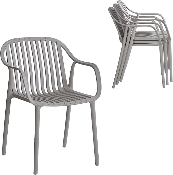 Modern Stackable Outdoor & Indoor Plastic Dining Chairs Set, Outdoor Breathable Armchairs Set, Weather-Resistant, Ideal for Patios, Cafes, and Home Use, No Assembly, Set of 4 (Grey)