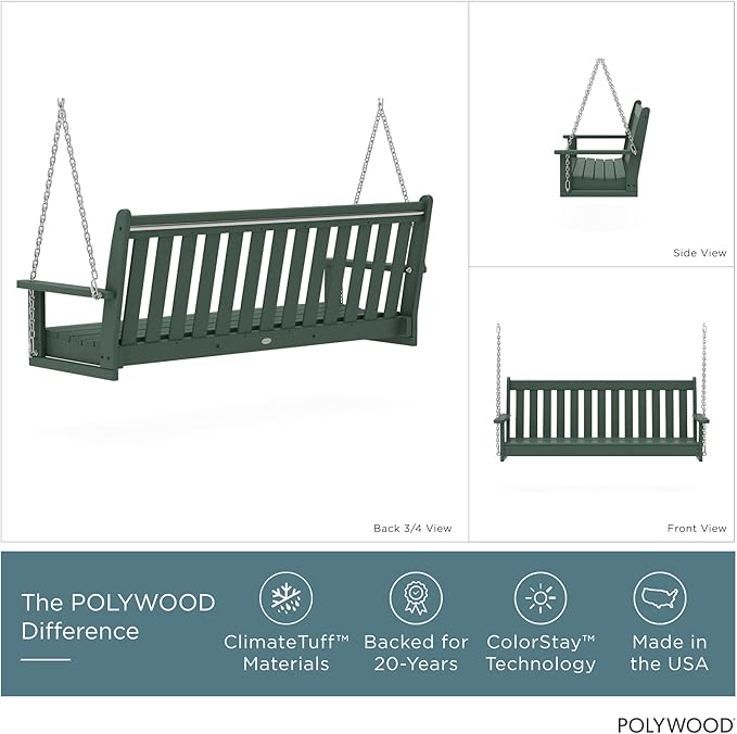 POLYWOOD Vineyard 5-Foot Porch Swing, Heavy Duty HDPE Outdoor Hanging Bench, Patio Swing for Adults Kids, Deck Garden Furniture, Green