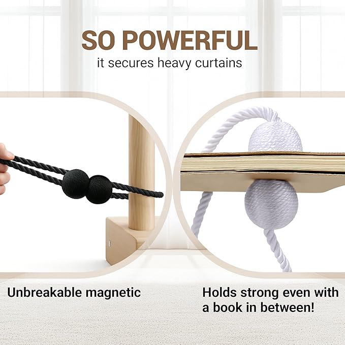 Hion Magnetic Curtain Tiebacks 4 Pack, Nickel-plated Metal and Polyester, Black