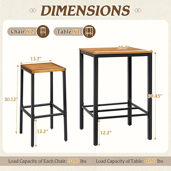 Devoko Acacia Wood Outdoor Patio Bar Set for 2, Square Counter Height Table with 2 Stools, Dining Bar Set for Garden, Deck, Pool Side, Dining Room, Kitchen, Living Room