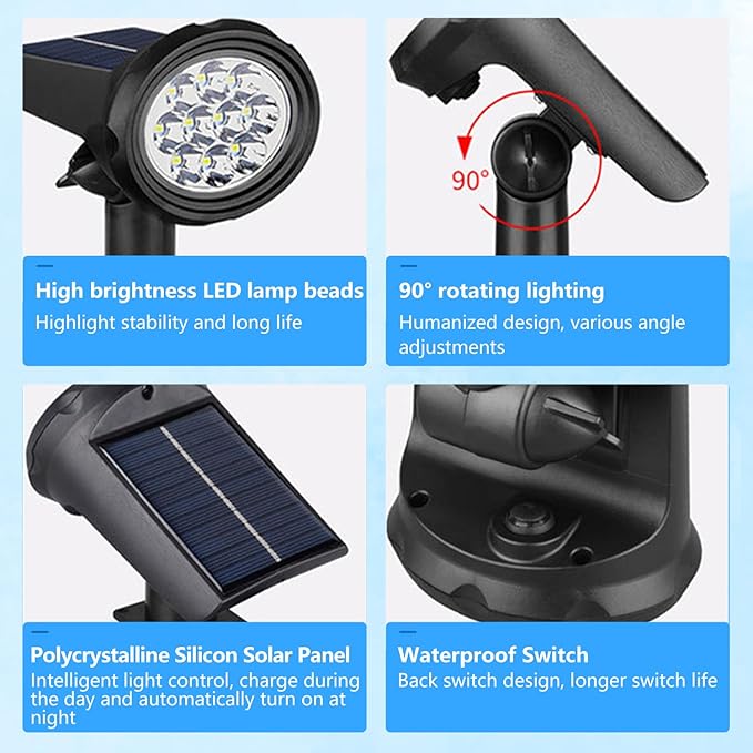 Solar Spot Lights Outdoor，Solar Lights Outdoor Waterproof IP68，Dark Sensing Auto On/Off，Suitable for Garden, Corridor Landscape Lighting and Flag Lighting (Warm White, 2-Pack)
