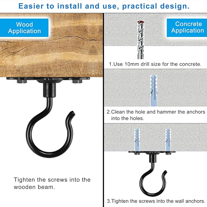 Dolibest Wall Mount Ceiling Hooks, Plant Hooks for Ceiling, Metal Plant Bracket Iron Wall Mount Lanterns Hangers Hooks for Hanging Plants Lights, Outdoor Wire, Fairy Lights, Wind Chimes, Black (4PCS)
