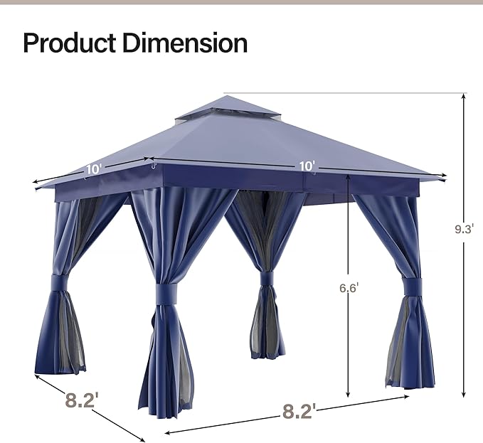 LAUSAINT HOME Semi-Permanent Outdoor Patio Gazebo 10'x10', Heavy Duty Party Tent Shelter with Double Roofs, Mosquito Nettings and Privacy Screens for Backyard, Garden, Lawn, Navy Blue