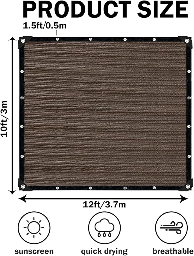 Mocha Sun Shade Cloth,10x12FT Pergola Shade Cover with Reinforced Grommets,90% Shade Fabric Fence Privacy Screen Balcony,Pergola Shade Cover Canopy Patio Garden Backyard Carport Porch Deck