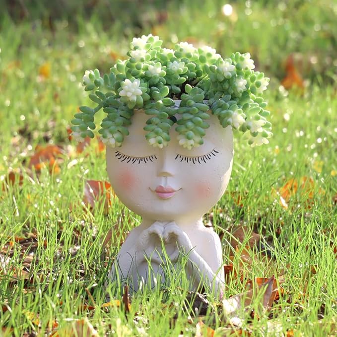 Face Planter Pot with Heart Hands, Resin Head Planter for Indoor Plants, Cute Succulent Pots with Drainage Hole, Gardening Gifts for Women Mom Teacher, 7.3" Home Decor (White)