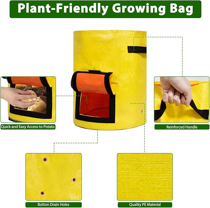 JJGoo Potato Grow Bags, 4 Pack 10 Gallon with Flap and Handles Planter Pots for Onion, Fruits, Tomato, Carrot - Yellow