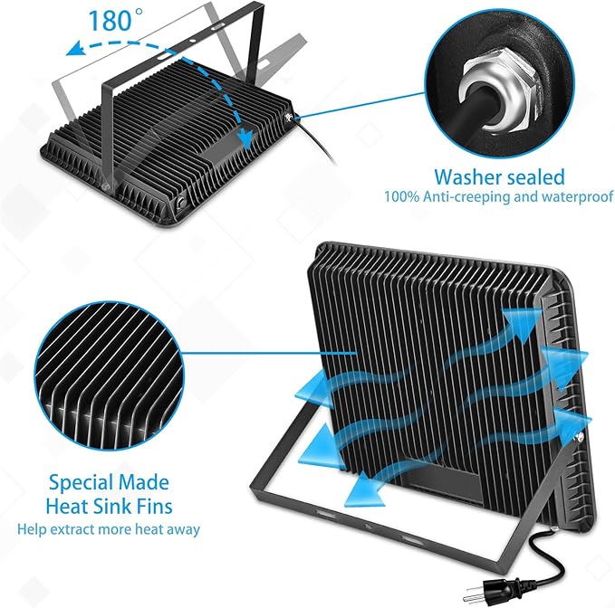 300W LED Flood Light Outdoor,2000W Equivalent 5000K Daylight White Super Bright FloodLight with Plug,43500LM IP66 Waterproof Commercial Lighting for Sports Fields,Counts,Arena,Stadium
