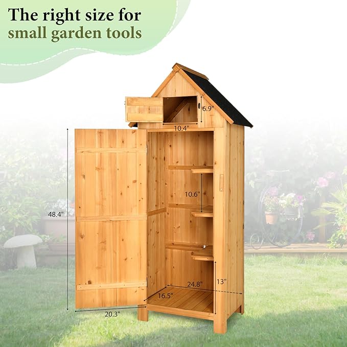 VINGLI Outdoor Wooden Storage Shed, Garden Shed Outside Tool Cabinet with Safety Latch, Patio Storage Organizer (Teak)