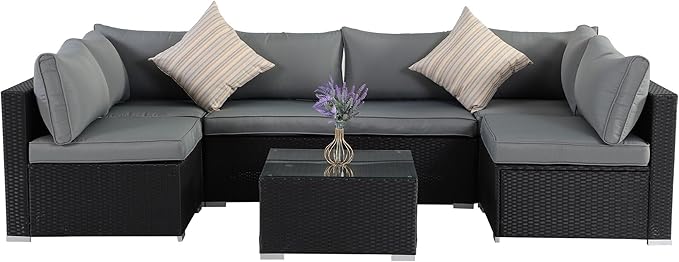7 Pieces Patio Furniture Set - All-Weather Outdoor Wicker Sectional Conversation Sofa, Rattan Patio Seating Sofa Set with Cushion and Glass Table for Porch Poolside, Black/Grey
