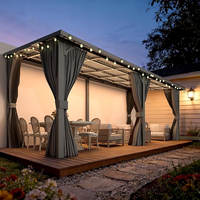 AECOJOY 20'x8' Outdoor Hardtop Metal Gazebo with Curtains and Netting for Patio, Large 8x20 Lean to Heavy Duty Wall Mounted Pergolas and Grill Gazebos Clearance, Patio Steel Roof Awnings for Decks
