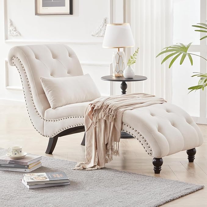 Tufted Soft Chaise Lounge Indoor, Linen Rivets Chaise Lounge Chair for Bedroom Living Room, Armless Upholstered Chaise Couch Chair with Square Cushions and Solid Wood Legs, Beige