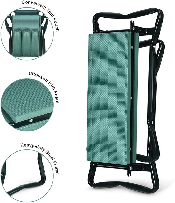 2-in-1 Garden Kneeler & Seat, Folding Seat w/EVA Foam Kneeling Pad & Removable Tools Pouch, Sturdy Steel Frame, No Assembly, Portable Heavy Duty Garden Stool for Women & Men