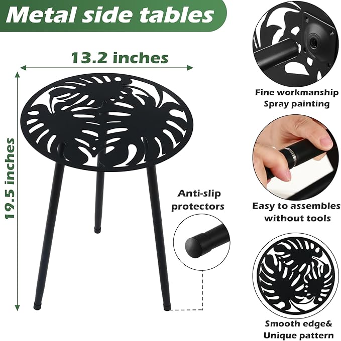 1 Pack Metal Outdoor Side Tables Small Outside Round End Table for Patio Modern Accent Garden Corner Table for Small Spaces, Balcony, Porch, Weather-Resistant, Plant Stand Indoor, Black