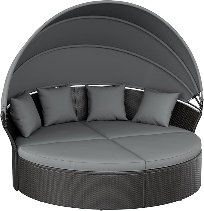 Crownland Outdoor Round Daybed with Retractable Canopy, Patio Daybed with Washable Cushions, Clamshell Sectional Seating, Black Wicker Furniture for Garden, Patio, Pool (Grey,Gray)