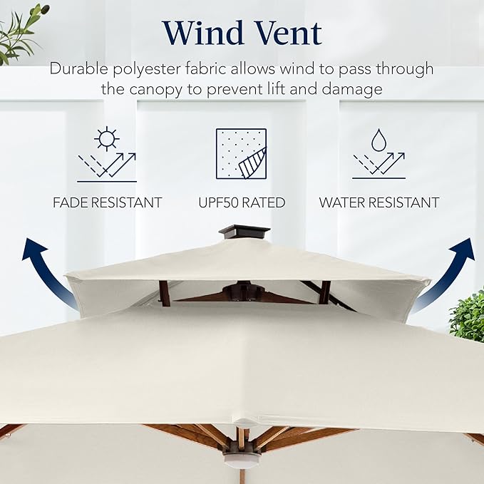 Best Choice Products 10ft Square Cantilever Patio Umbrella w/Base Included, Woodgrain Pattern Pole & Solar LED Lights, 360-Rotation, Offset Hanging Outdoor Shade - Ivory