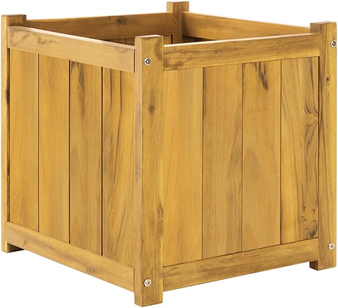 Idzo Acacia Wood Flower Planter Box for Outdoor Plants, 1pc Wooden Raised Garden Bed with Handles, Drainage Holes, Ideal for Garden and Home Décor, Golden Teak