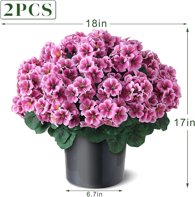 2 Pack Artificial Geranium Flowers Topitary Trees for Outdoors, UV Resistant Geraniums Potted Bushes Look Real Silk Faux Plants for Front Door Garden Porch Planter Farmhouse Home Decor (Pink)