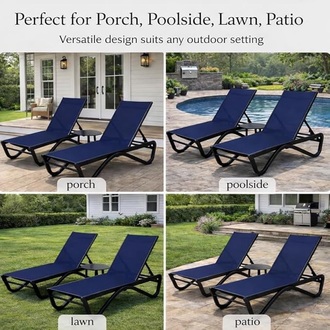Kozyard Outdoor Chaise Lounge Chair, Full Aluminum Frame, Adjustable Reclining Patio Lounger for Poolside, Sunbathing & Backyard, Textilene (NavyBlue, 2Chairs)