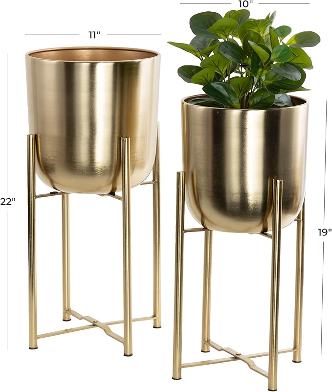CosmoLiving by Cosmopolitan Metal Indoor Outdoor Planter Dome Large Planter Pot with Removable Stand, Set of 2 Planters 19", 22"H, Gold
