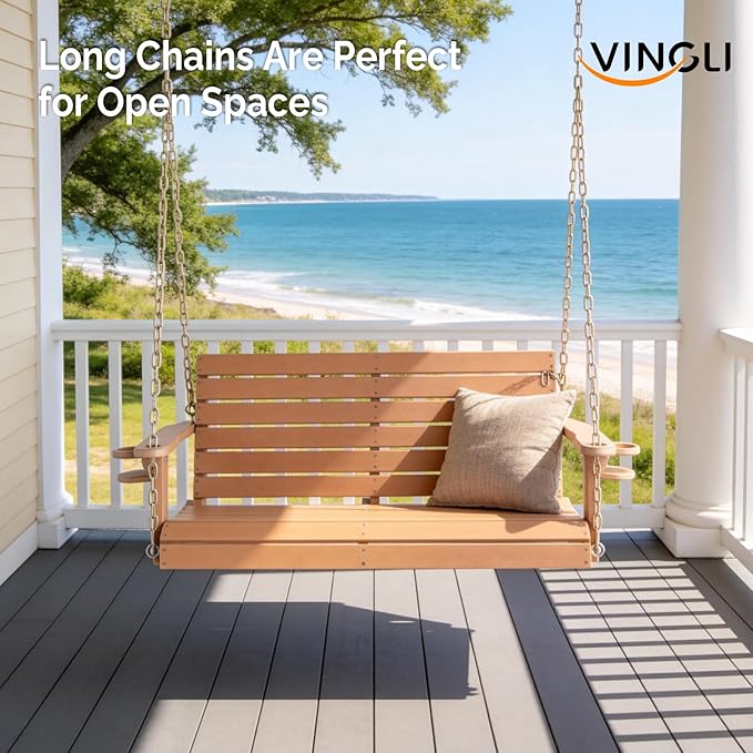 VINGLI Heavy Duty 1600 LBS HDPE Porch Swing Outdoor with Rotatable Cup Holder, 4 FT Patio Bench Swing with Adjustable Chains, 2 Person Hanging Porch Swing Chair for Porch, Yard, Tree, Garden - Teak