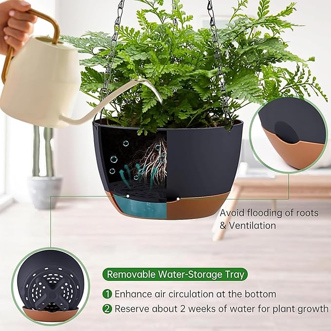 Hanging Planters for Indoor Plants, Set of 2 8/10 Inch Self-Watering Hanging Pots with Drainage Hole & Removable Water-Storage Tray II Screw-in Hooks