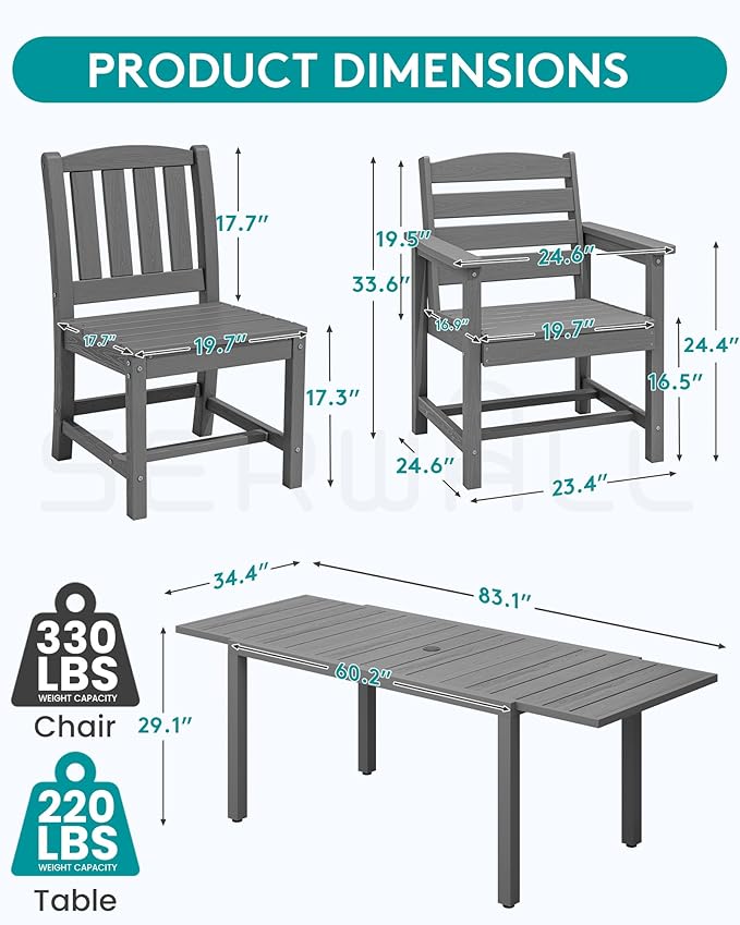 SERWALL 11-Piece Outdoor Dining Set, 60" - 83" Expandable Outdoor Dining Table and 10 HDPE Chairs, All Weather HDPE Outdoor Furniture Set for Backyard, Garden, Grey