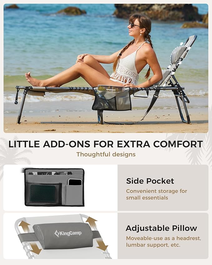 KingCamp Tanning Chair with Face Hole, Lounge Chairs Outdoor Folding Comfy Adjustable 5-Position Lay Flat Foldable Chaise Chaser Lounger for Outside Beach Patio Sun Bathing Pool, Grey