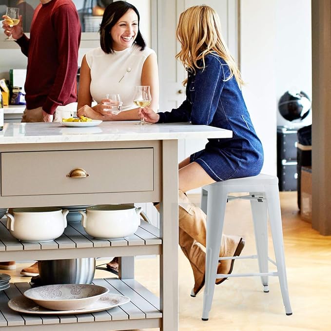 FDW Metal Bar Stools Set of 4 Counter Height Bar Stools 24 Inches Industrial Bar Chairs Patio Stool Stackable Backless Stool Indoor Outdoor Metal Kitchen Stools Bar Chairs (White, 24")