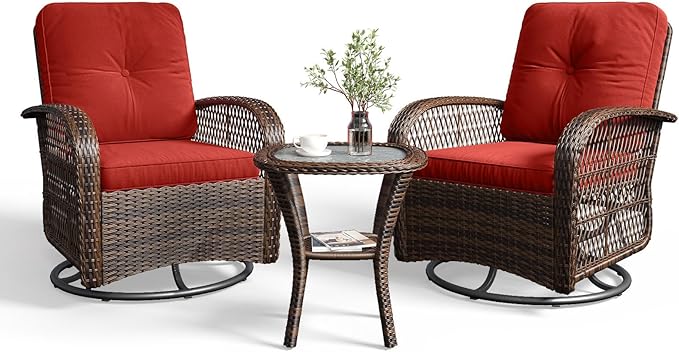 Aoxun 3 Pieces Patio Furniture Set, Patio Swivel Rocker Chairs Set of 2, Wicker Outdoor Bistro Set with Rocking Chair, Thickened Cushions and Table for Porch (Red)