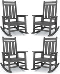 KINGYES Oversized Outdoor Rocking Chair Set of 4, All-Weather Patio Rocking Chairs for Porch, HDPE Outdoor Patio Rockers with High Back & Wide Seat for Garden, Lawn, Gray