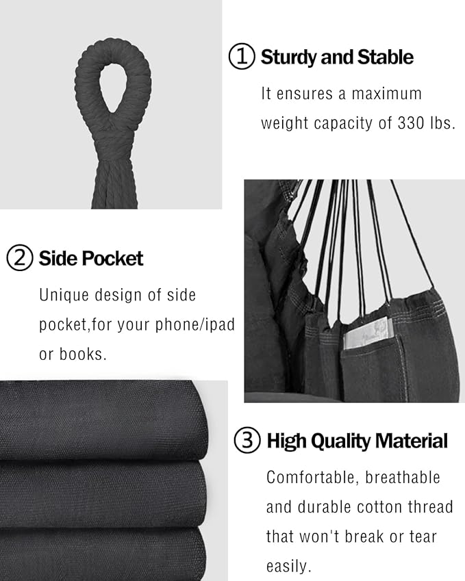 Halalona Hammock Chair Hanging Hammock Chair Rope Swing 2 Cushions Included-Sturdy & Durable Soft Cotton Hand Woven Hammock Swing for Bedroom, Porch, Patio-Indoor/Outdoor