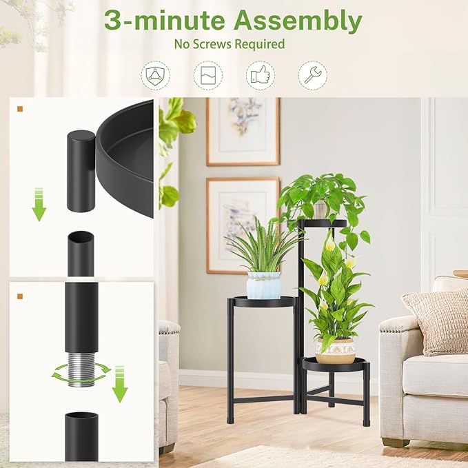iDavosic.ly Plant Stand Indoor Outdoor, 3 Tier Corner Metal Flower Display Holder Shelf, Easy Assembly Folding Tall Orchid Rack for Patio Balcony Porch Garden Living Room House, Black