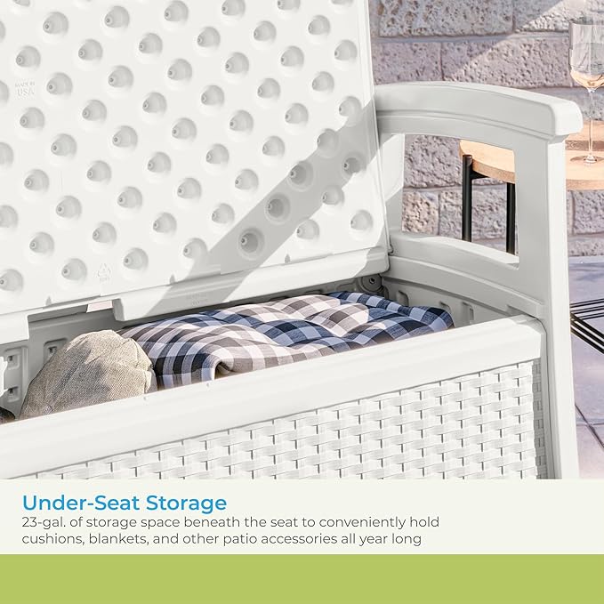 Suncast Outdoor Wicker Love Seat with 23-Gallon Storage, Comfortable Seating for Two, Ergonomic Back Support, All-Weather Furniture for Patio, Deck, and Garden, Ice Cube