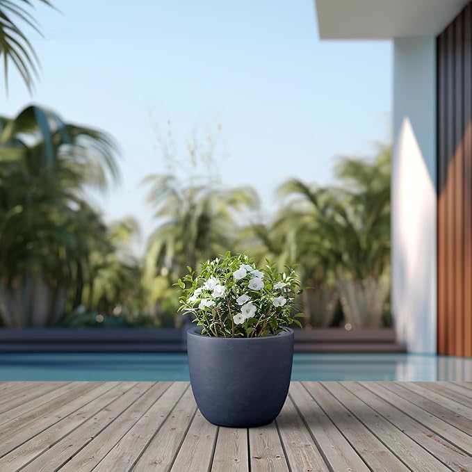 Kante 14 Inch Dia Round Concrete Planter, Indoor Outdoor Large Plant Pot with Drainage Hole and Rubber Plug for Home Patio Garden, Dark Gray