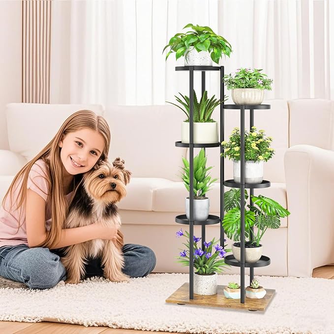 iDavosic.ly 6 Tier Plant Stand Indoor Outdoor, Tiered Corner Multiple Flower Pot Holder Shelf, Metal 44 Inch Tall Display Rack for Patio Porch Living Room Garden Balcony, Modern Black & Rustic Brown