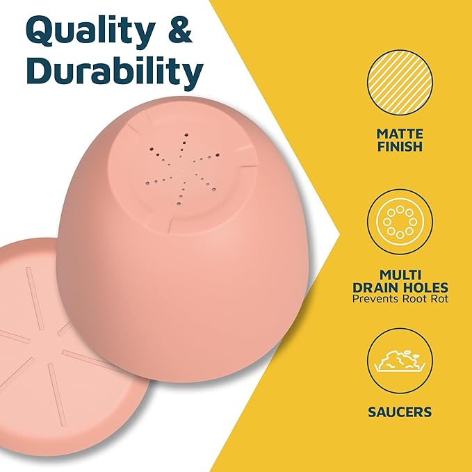 Planter Pots with Drainage Holes - Lightweight, Durable, and Space-Saving Pots for Indoor and Outdoor - Versatile Functionality, Simple Modern Design, Set of 5 Plastic Planter Pots - Pink