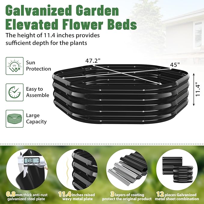 Hexagon Raised Garden Bed, 48 Inch Diagonal & 12 Inch Tall, Galvanized Steel Planter Box with Wave-Shaped Metal Panels for Outdoor Flower,Tree,Herb & Vegetable Garden (Black, 4FT X 1FT)