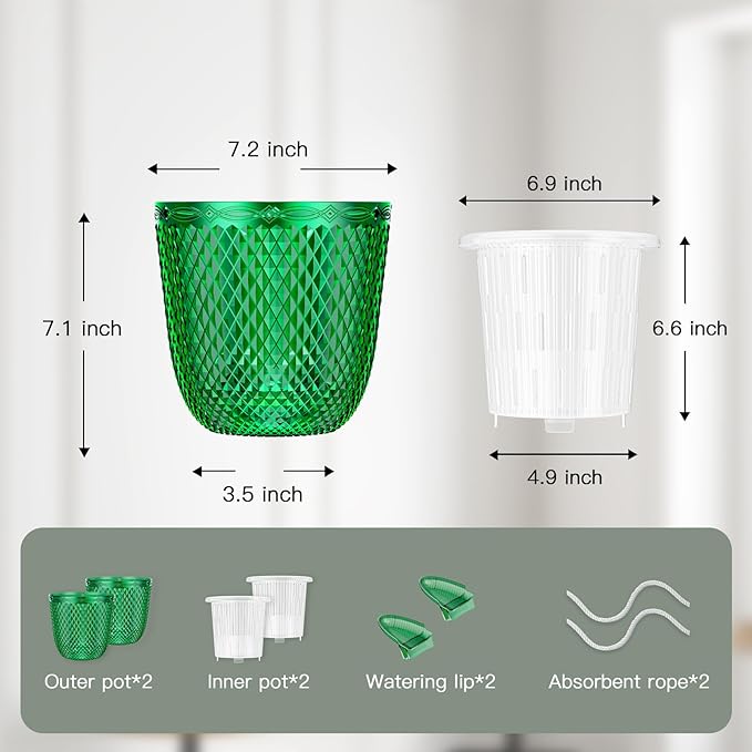 QCQHDU 2 Pack Self Watering Pots, 7.2 Inch Flower Pots with Drainage Holes and Water Filling Port, Garden Planter for Indoor Outdoor Plants (Emerald)