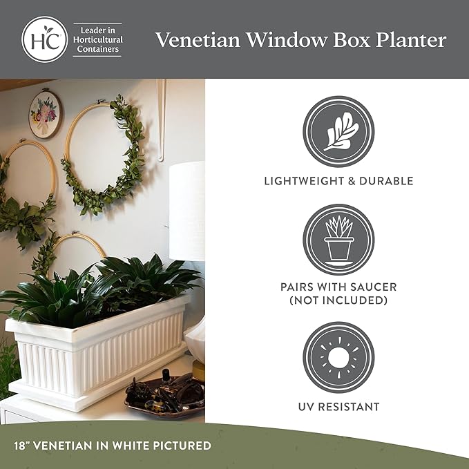 The HC Companies Venetian Window Planter Box w/Drain Plug - Long Planter Box for Windowsills, Balconies & More - Plastic Rectangular Outdoor Planters for Herbs & Flowers (18" Sandstone, Pack of 1)