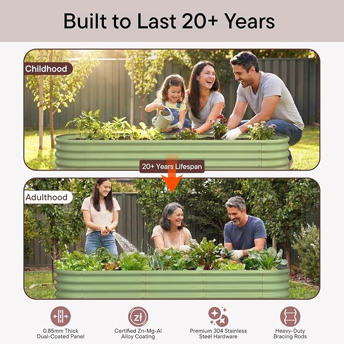 10-Pack 18” Tall Galvanized Raised Garden Beds – Compact Backyard Garden Layout, Fits 440 Sq Ft Backyard, 8x2 ft & 10x2 ft Metal Raised Flower Bed Kits for Outdoor Gardening - Moss Green