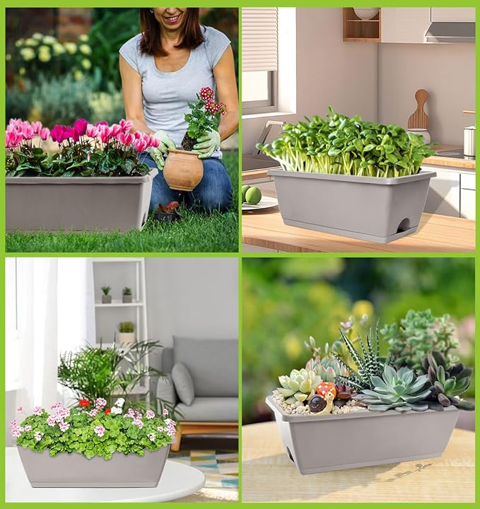 Window Box Planter, 7 Pack Plastic Vegetable Flower Planters Boxes 17 Inches Rectangular Flower Pots with Saucers for Indoor Outdoor Garden, Patio, Home Decor