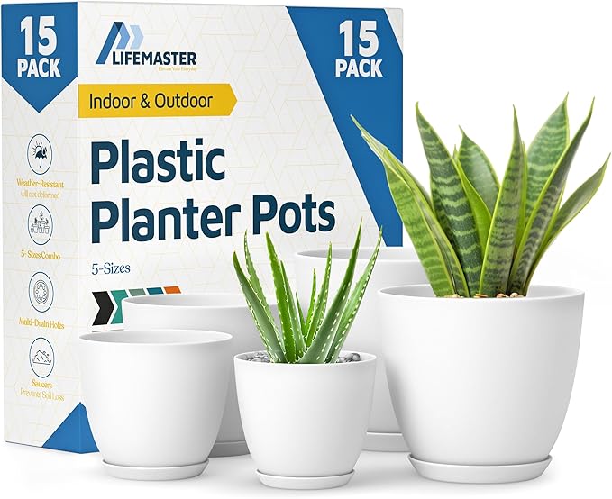 White Plant Pots with Drainage Holes & Saucers 15 Pack, Indoor & Outdoor Stackable Space-Saving Planters for Houseplants & Flowers, (7", 6.7", 6", 5.3", and 4.8" Inches), Durable & Weatherproof