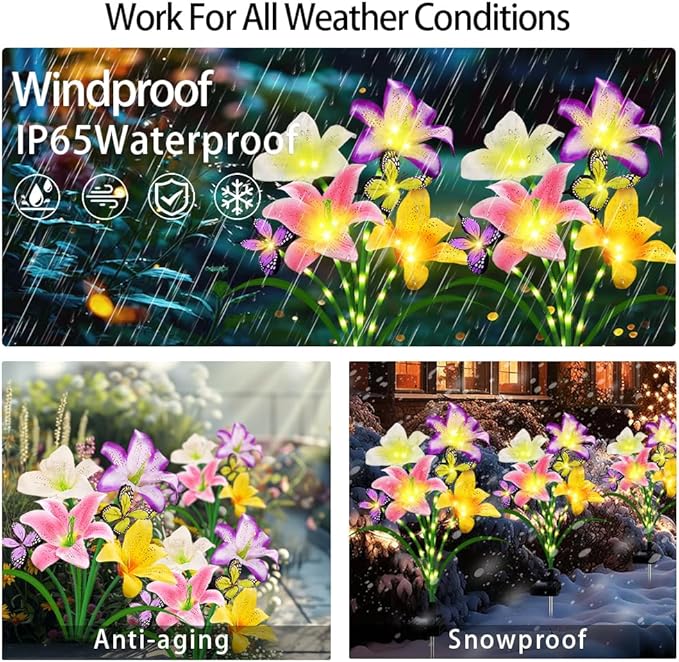 Solar Garden Lights 4 Pack LEDs Solar Lilies Flower Lights, Yard Patio Pathway Decoration High Flexibility Copper Wire Handmade Silk Artificial Flowers Never Wither, Gift for Family Friends