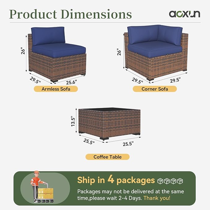 Aoxun 14 Piece Patio Furniture Set Wicker Rattan Patio Conversation Set Outdoor Sectional Sofa Set with Coffee Table and Thickened Cushions, Blue(Waterproof Cover Included)