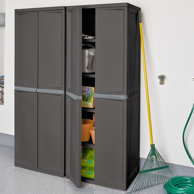 Sterilite 2-Pack 4 Shelf Cabinet, Lockable Utility Storage w/Adjustable Shelves, Gray - Plastic Shelving Unit for Organizing Garage, Pantry, Basement, Laundry Room or Mudroom