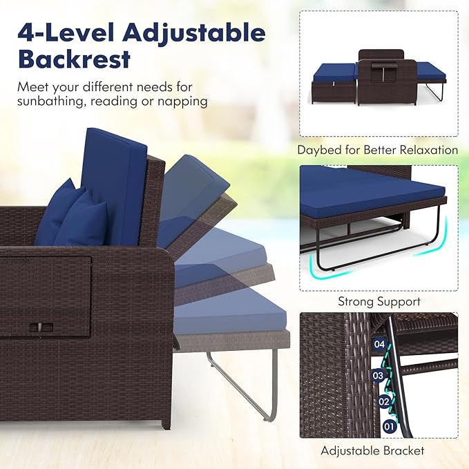 LDAILY Moccha Outdoor Daybed, Wicker Loveseat Sofa Set with 4-Postion Adjustable Backrest, Storage Ottoman, Cushions, Rattan Double Bed Lounger, Patio Furniture Set (Navy)