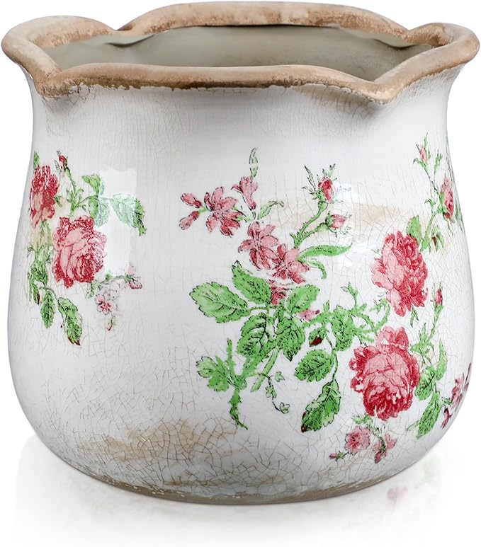 6 Inch Ceramic Plants Pots Vintage Ceramic Flower Planters Crackle Glaze Finish Flower Pots Decorative Floral Vintage Planters for Living Room Garden Home Decor Gifts(Classic)